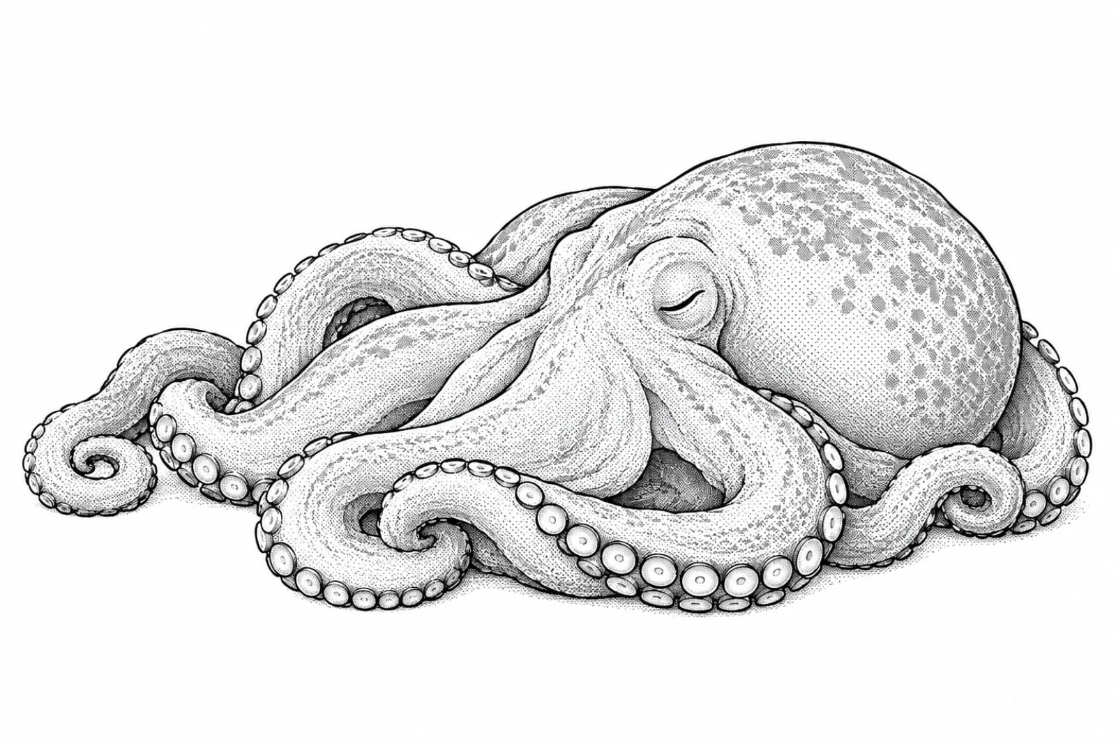 闭眼沉睡的北太平洋巨型章鱼线描插画