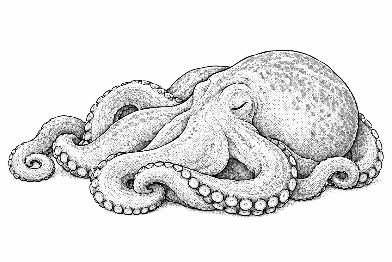 目を閉じて眠るミズダコの線画